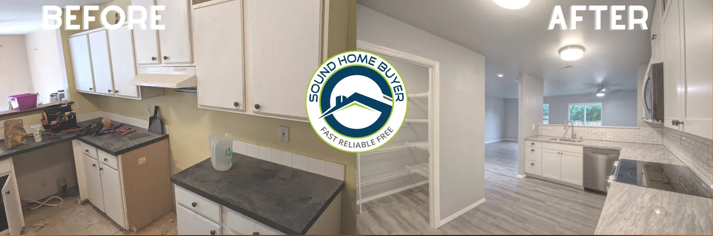 A kitchen before and after renovation